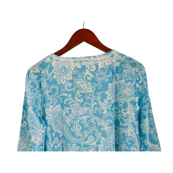 J. McLaughlin Tunic Silk Cotton Blue Paisley Lace Trim V-Neckline Size Large - Picture 6 of 8